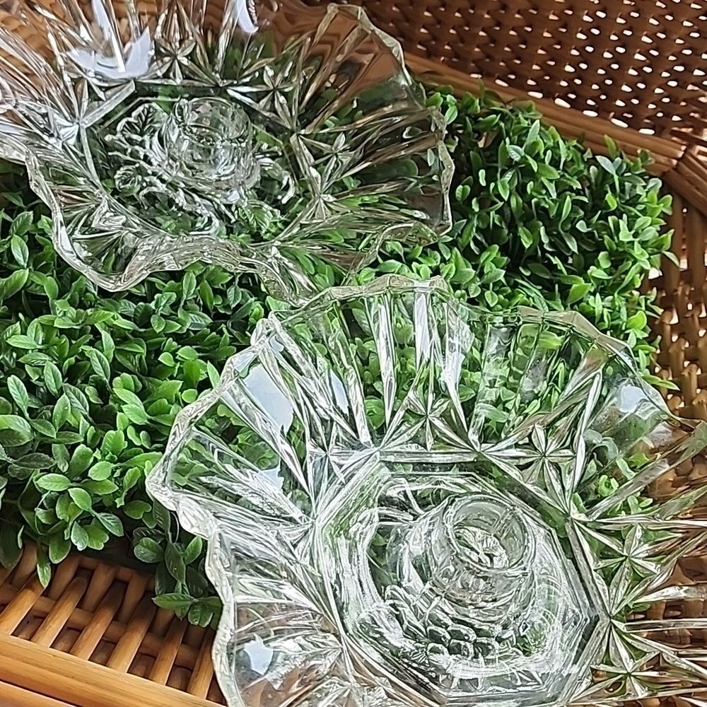 Vintage Federal Pressed Glass Scalloped Edge Fruit Embossed Candle Holders